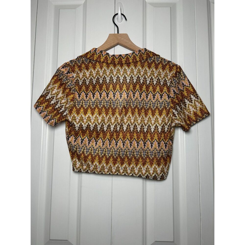 AKIRA Retro Metallic Chevron Zig Zag Cropped Polo Top Knit Size L